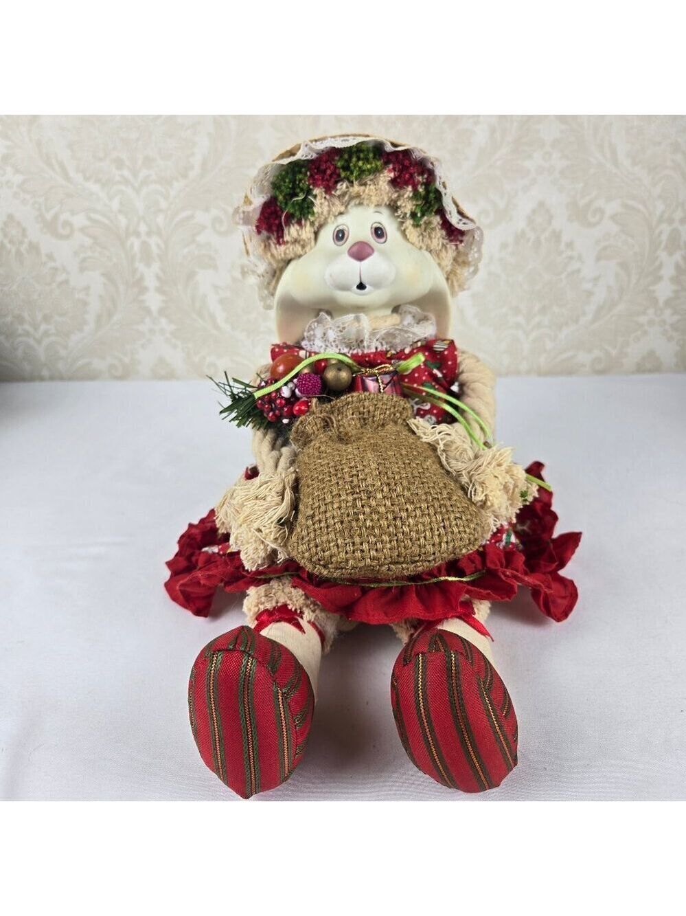 Vintage 1993 House of Lloyd Flossie Bunny Doll Christmas Dress Porcelain Mop